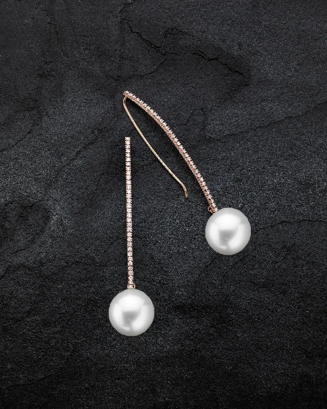 women's casual earrings -Jumbo Pearl Crescent Diamond T-Drop Earrings