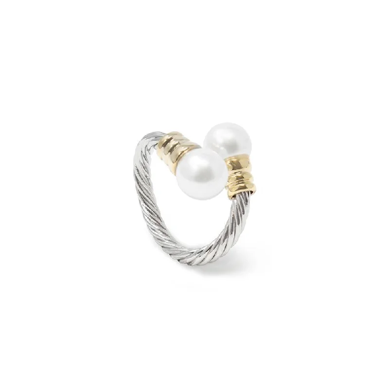 women's eternity bands -Two Tone Adjustable Cable Ring Pearl