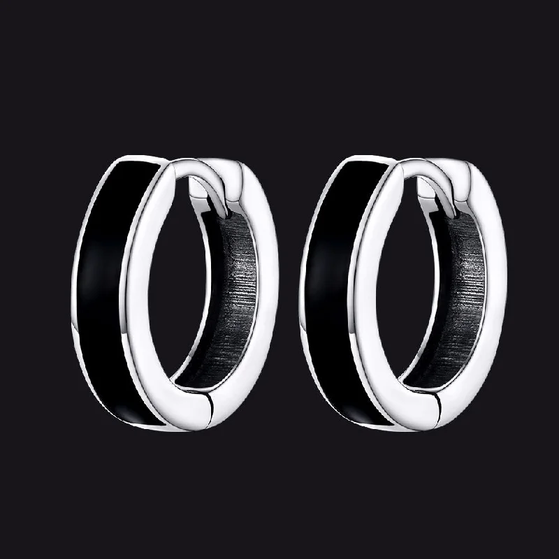 women's geometric stud earrings -Sterling Silver Black Huggie Hoop Earrings For Men Women 10MM