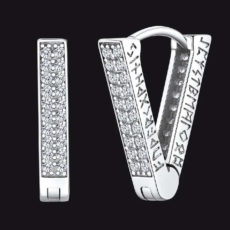 women's luxury earrings -Cubic Zirconia Triangle Huggie Hoop Earrings With Runes for Men