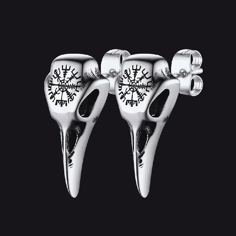 women's bridal earrings -Viking Raven Skull Stud Earrings With Compass For Men