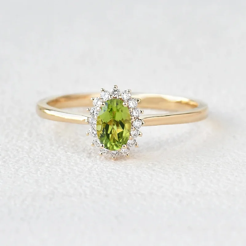 women's diamond necklaces -Oval Peridot & Moissanite Halo Engagement Ring