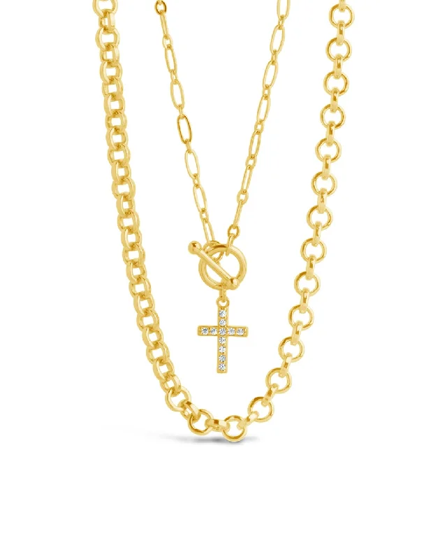 women's gold charm necklaces -Grace CZ Cross & Layered Chain Necklace