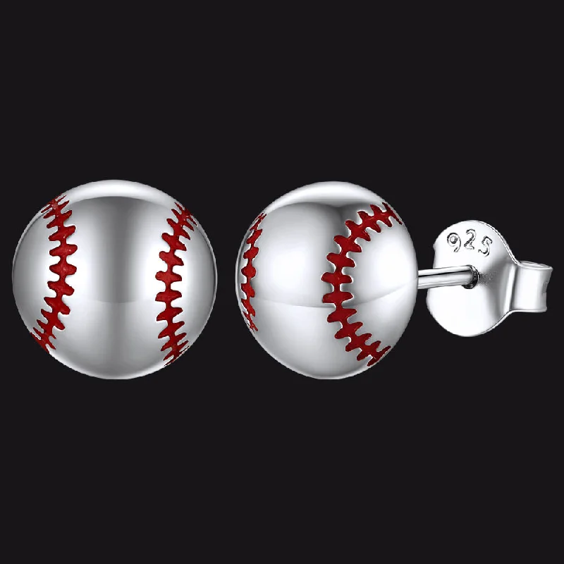 women's unique earrings -Sterling Silver Sport Baseball Stud Earrings