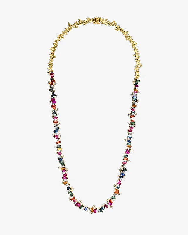 women's designer necklaces -Bold Burst Rainbow Sapphire Tennis Necklace