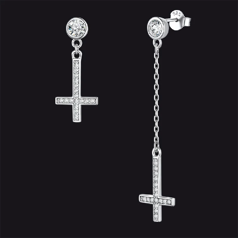 women's teardrop earrings -Sterling Silver Inverted Cross Earrings Drop Studs Cubic Zirconia