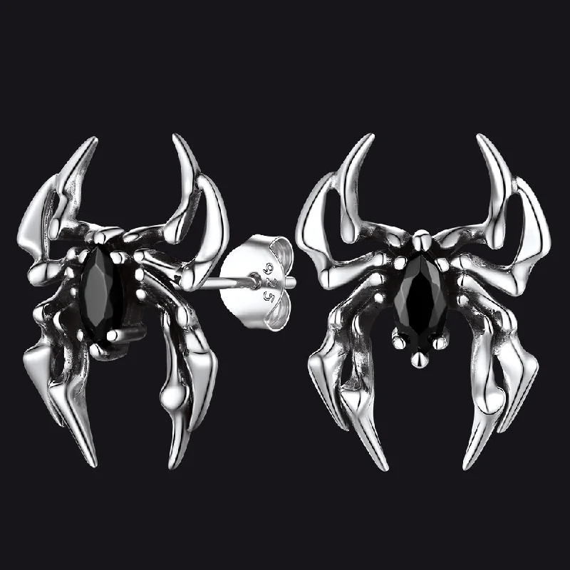 women's chunky hoop earrings -Gothic Black Onyx Spider Earrings for Men in Sterling Silver