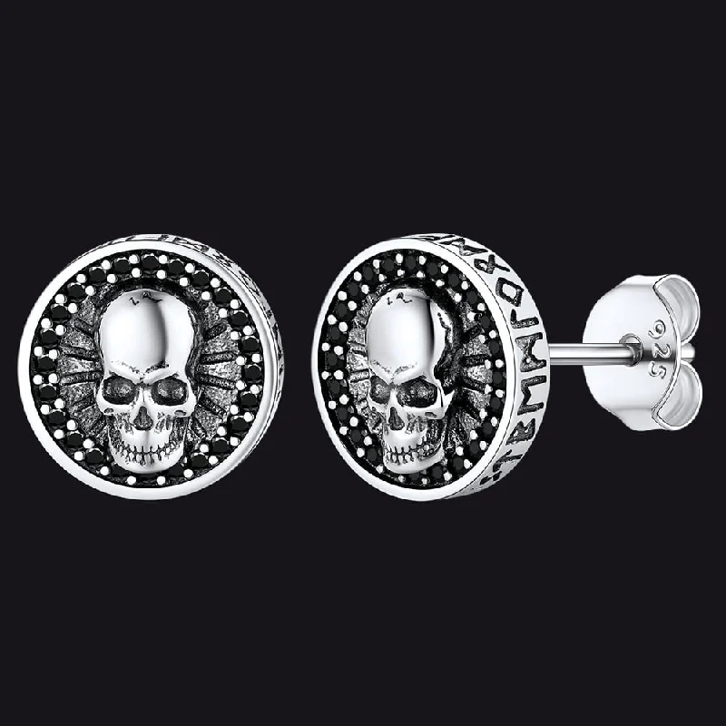 women's trendy gold earrings -Men's Skull Stud Earrings With Runes in Sterling Silver