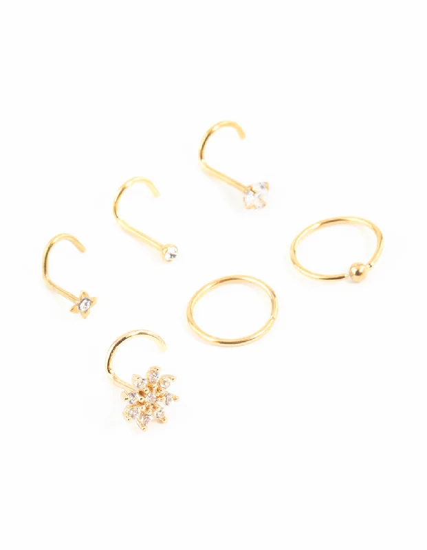 women's bridal set rings -Gold Plated Surgical Steel Cubic Zirconia Flower Nose Ring & Stud 6-Pack