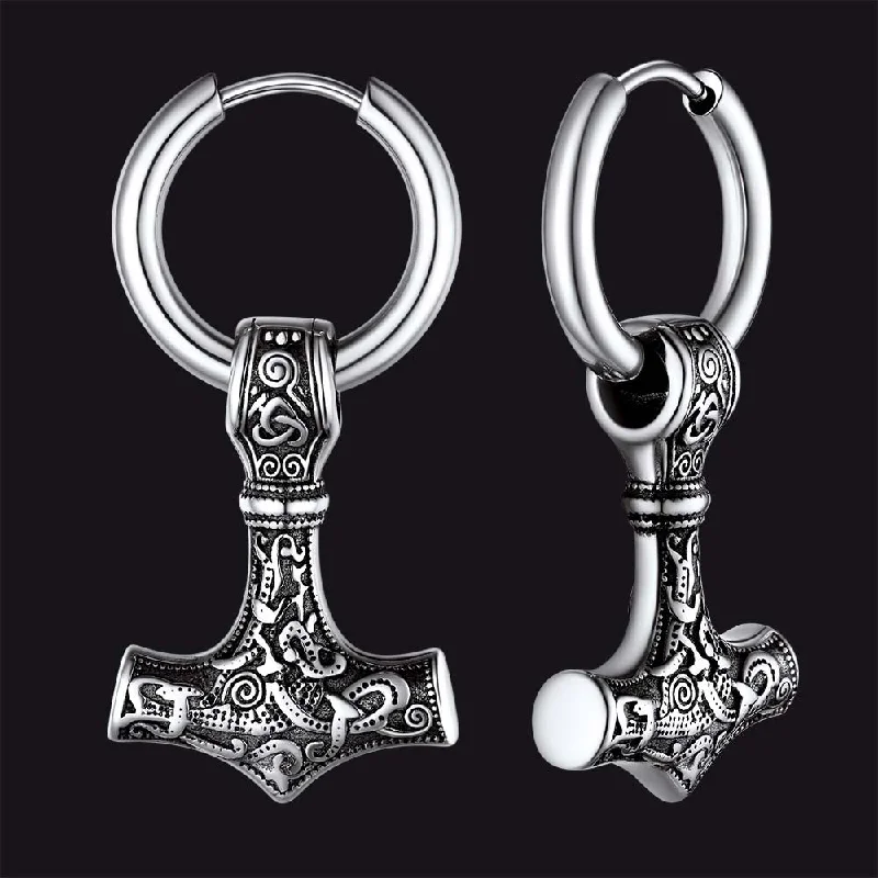 women's silver diamond earrings -Viking Thor's Hammer Mjolnir Dangle Hoop Earrings Jewelry For Men