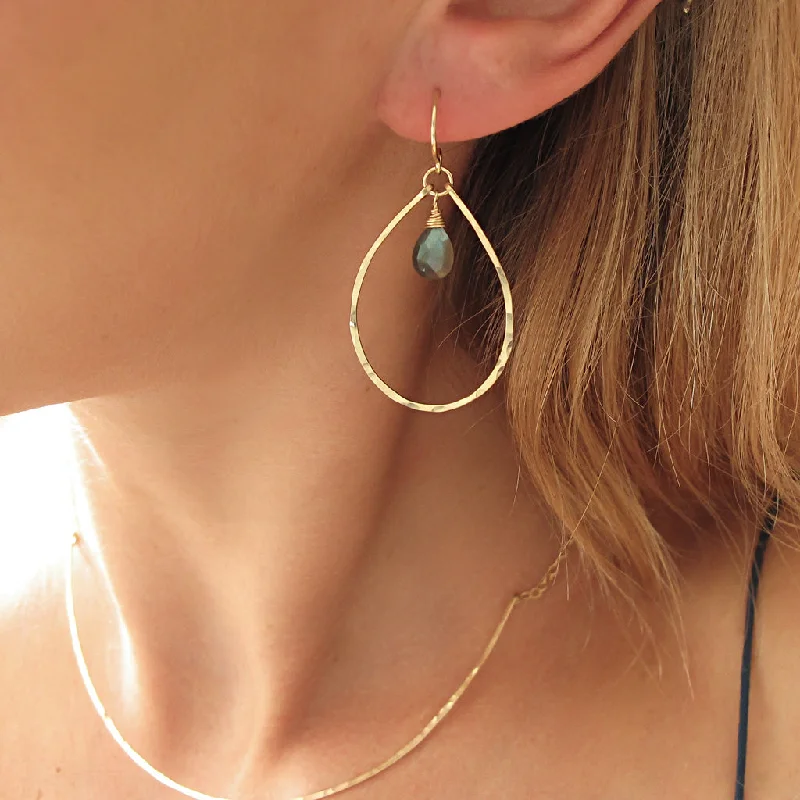 women's handmade earrings -Small Droplette Gemstone Hoop Earrings - Labradorite