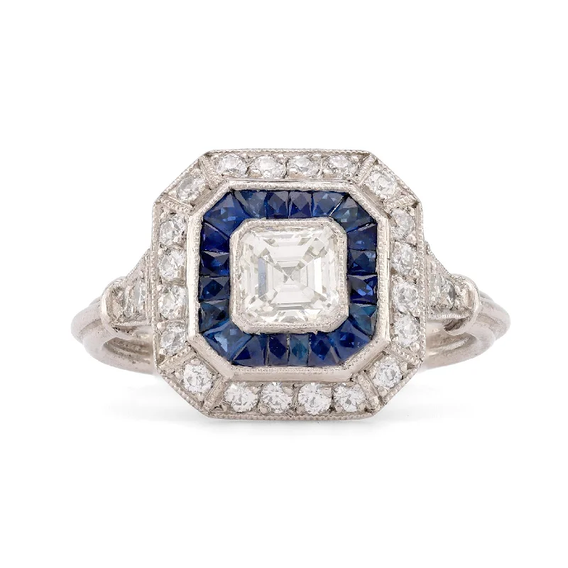 women's glamorous necklaces -Art Deco Style Diamond Sapphire Platinum Square Halo Ring