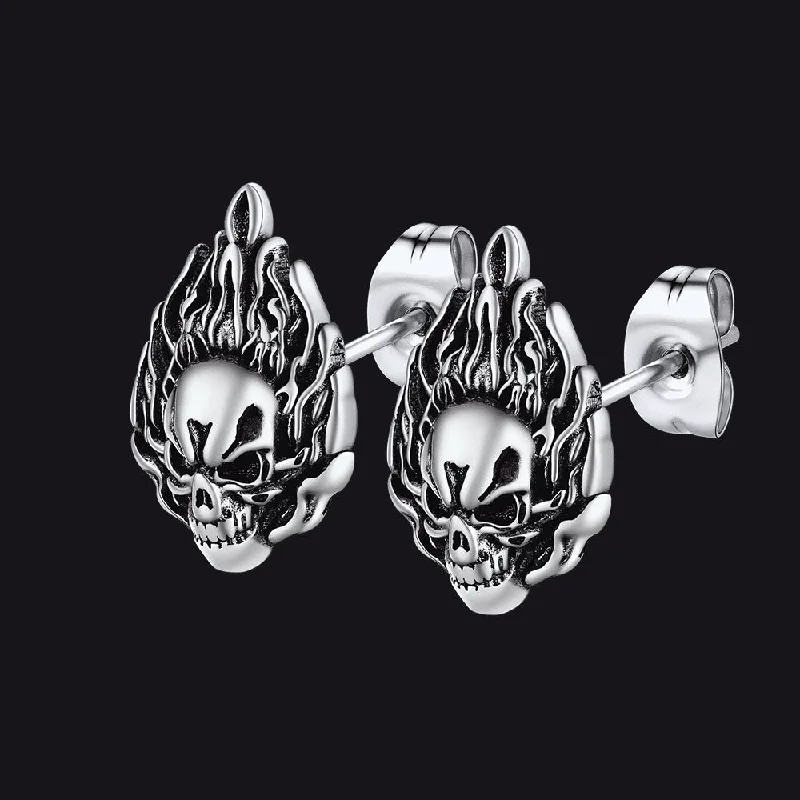 women's trendy earrings -Flame Skull Stud Earrings For Men