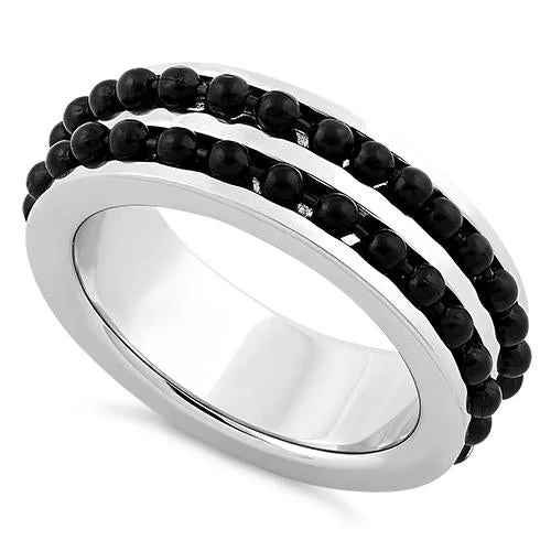 women's signet rings -Stainless Steel Black Beaded Groove Polished Ring