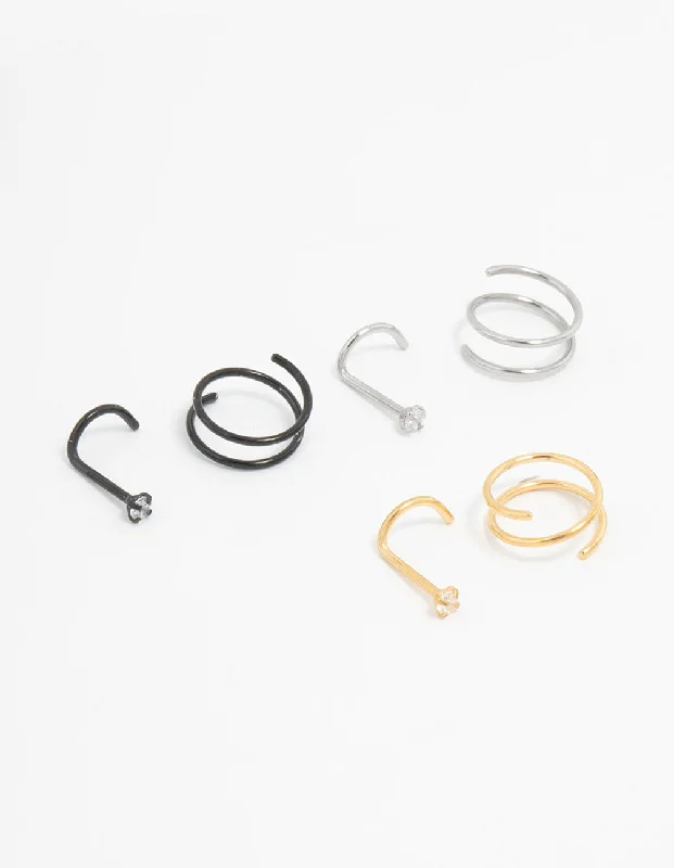 women's twisted gold rings -Mixed Surgical Steel Nose Ring & Stud 6-Pack