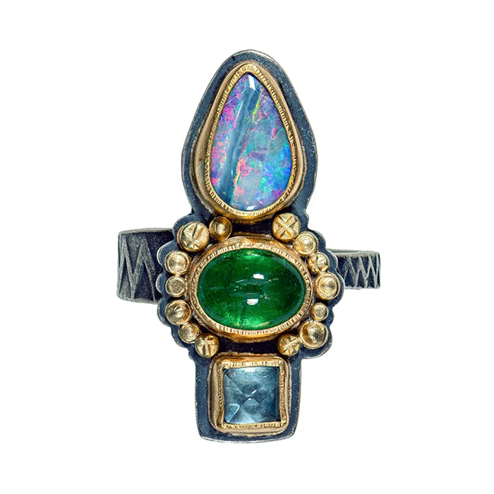 women's diamond eternity rings -Opal, Tsavorite Garnet and Aquamarine Ring - Sterling + 22k + 18k Gold