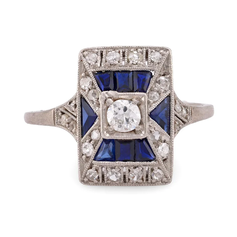 women's crystal-encrusted necklaces -Art Deco Diamond Sapphire Platinum Ring