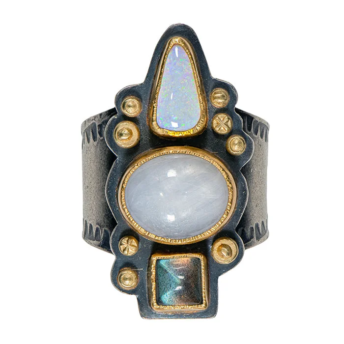 women's gold statement rings -Silver Sapphire With Opal and Labradorite Ring - Sterling Silver + 22k + 18k Gold - Sizing In Description