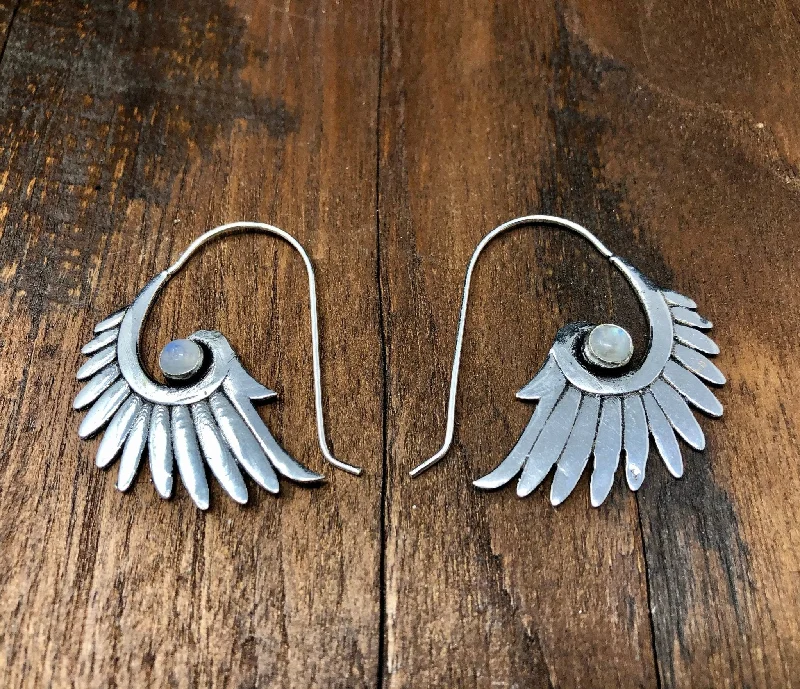 women's stylish earrings -Moonstone Wing Feather Earrings