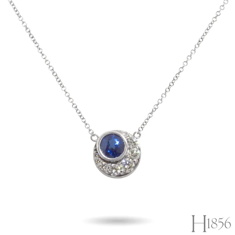 women's chic pendant necklaces -Sapphire and Diamond Crescent Moon Necklace