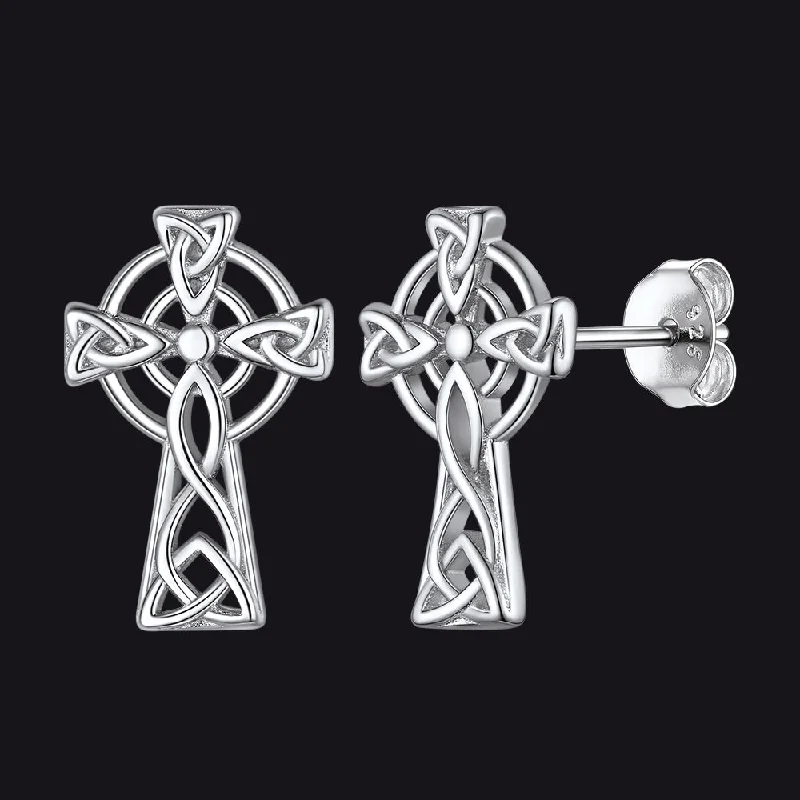 women's silver chain earrings -Silver Celtic Cross Stud Earrings for Women