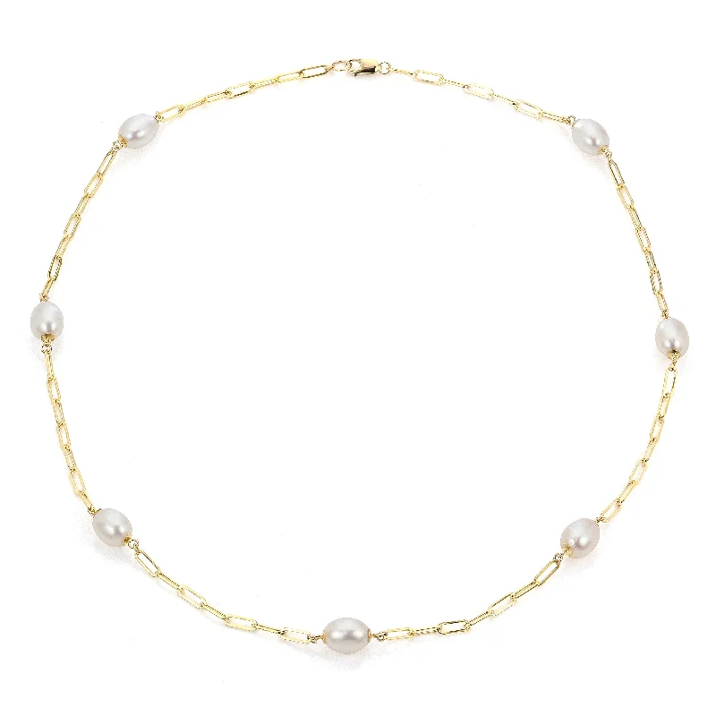 women's romantic necklaces -14K Cultured Pearl Paperclip Necklace